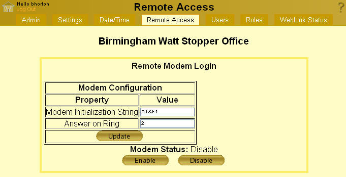 Setup - Remote Access Tab - Remote Modem Login